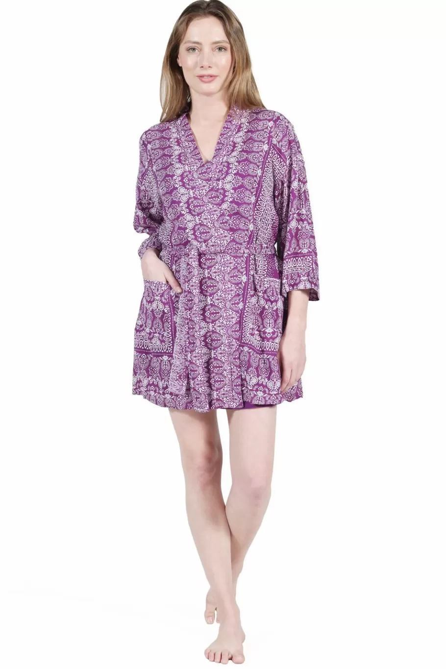 La Cera™ Bata Estampada Morada Y Blanca De Rayon La Cera^ Batas