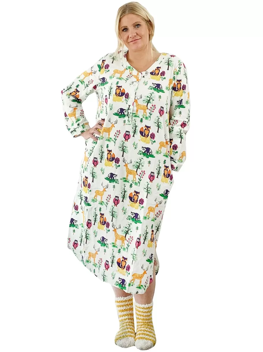 La Cera™ Camisa De Noche Henley De Franela Con Animales Del Bosque De Talla Gra^ Más Ropa De Dormir