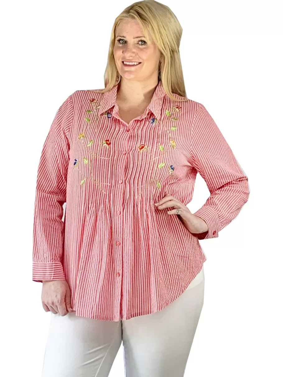 La Cera™ Camisa De Seersucker Con Botones Bordados En La Parte Delantera - Tall^ Plus Tops