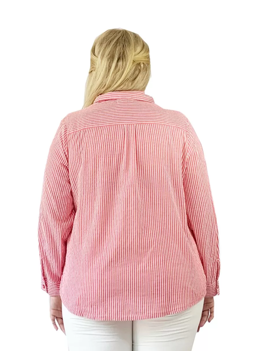 La Cera™ Camisa De Seersucker Con Botones Bordados En La Parte Delantera - Tall^ Plus Tops