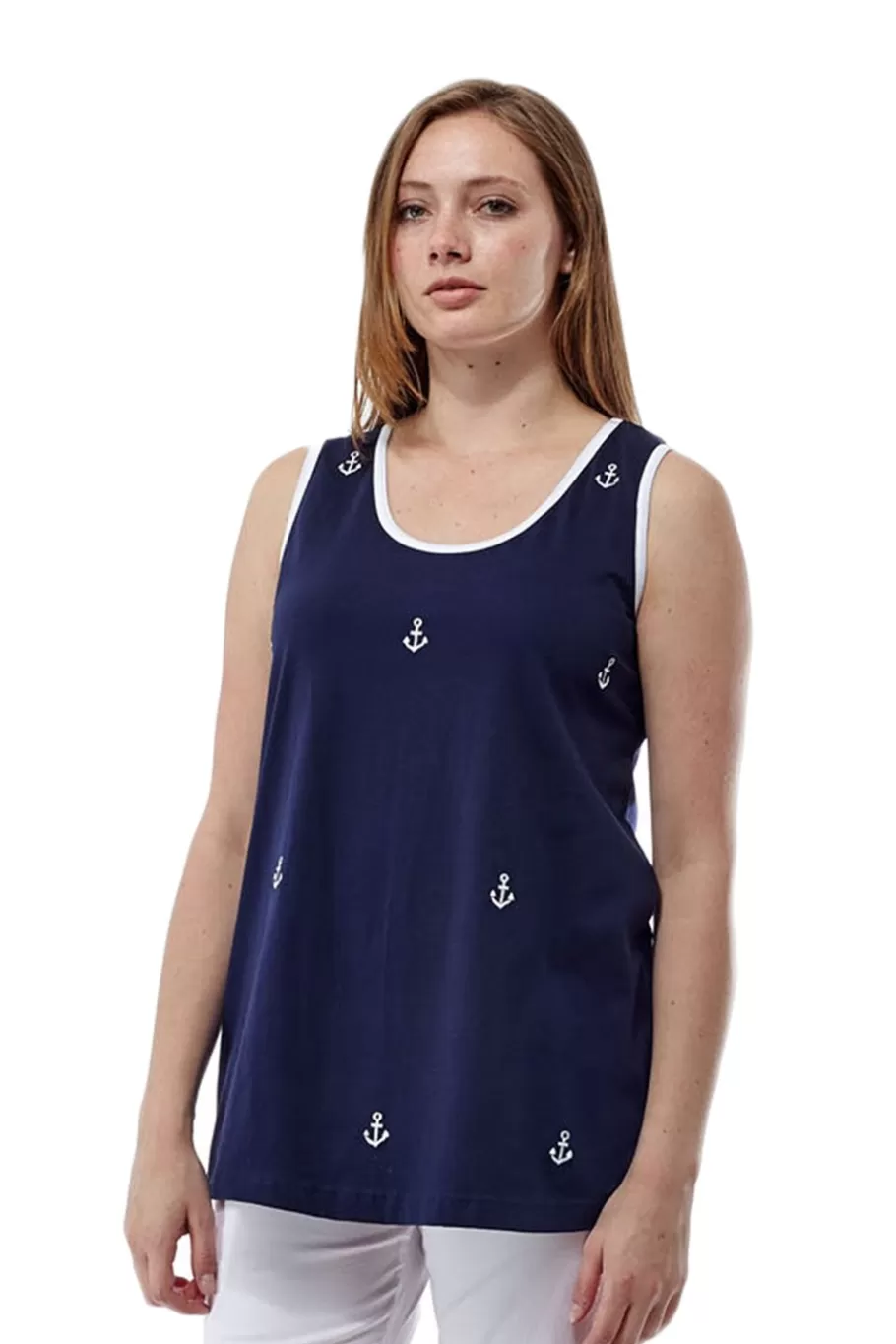 La Cera™ Camiseta Sin Mangas De Punto De Algodon Con Bordado De Ancla - Tallas^ Plus Tops