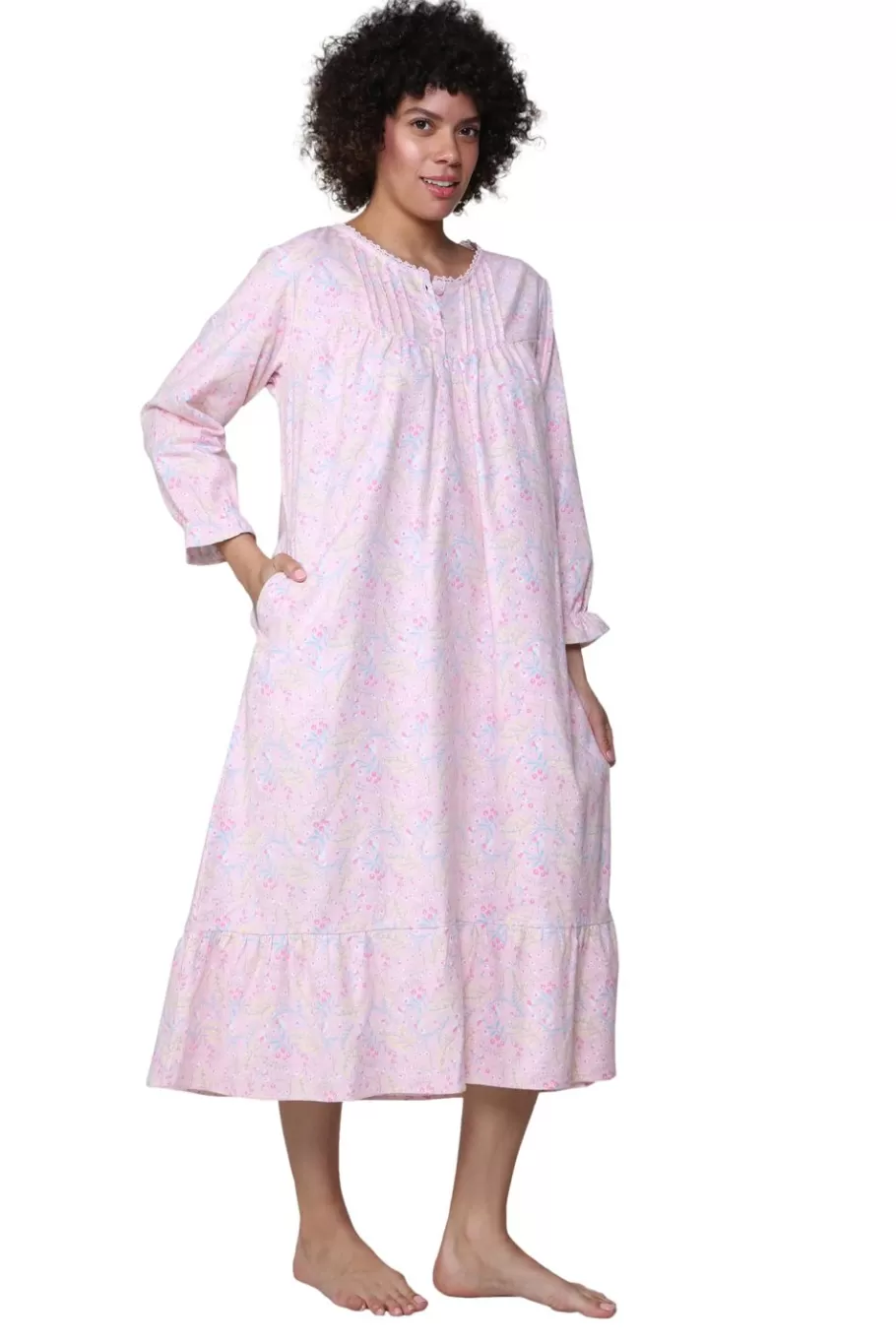 La Cera™ Camison De Franela De Algodon Con Ribetes De Encaje Y Estampado Floral^ Vestidos