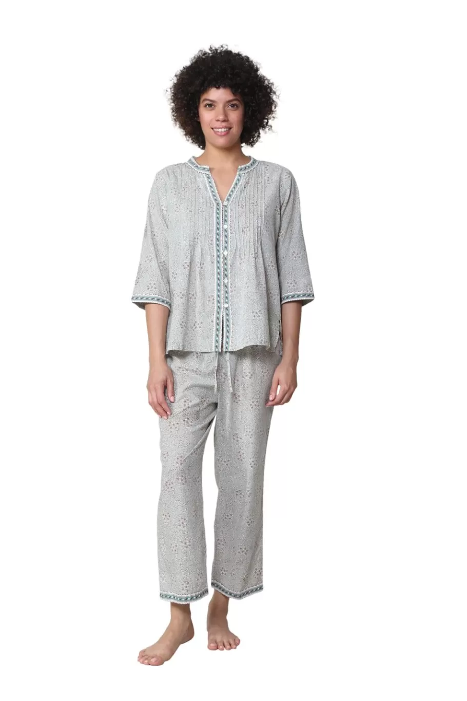 La Cera™ Conjunto De Pijama Capri Con Frente Plisado Y Manga 3/4 De La Cera^ Pijama