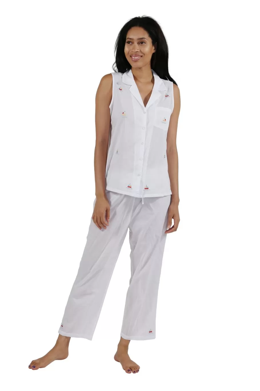 La Cera™ Conjunto De Pijama Capri Velero Bordado Sin Mangas 100% Algodon^ Pijama
