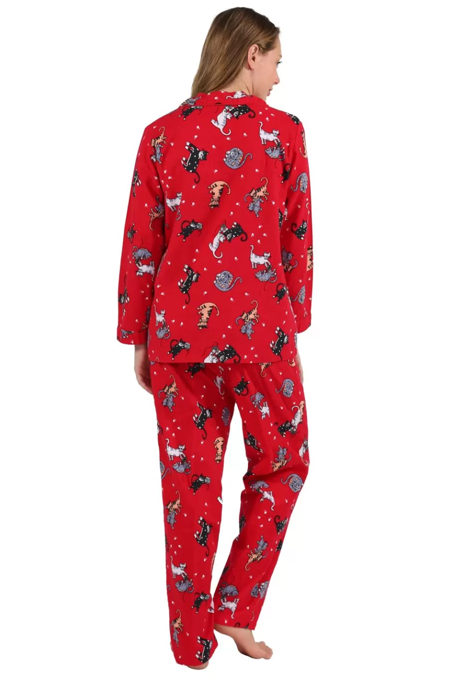 La Cera™ Conjunto De Pijama Con Estampado De Gato De Franela Roja^ Pijama