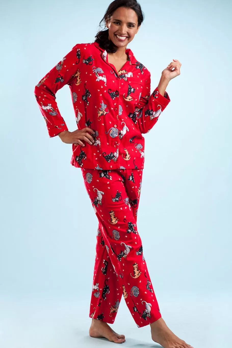 La Cera™ Conjunto De Pijama Con Estampado De Gato De Franela Roja^ Pijama