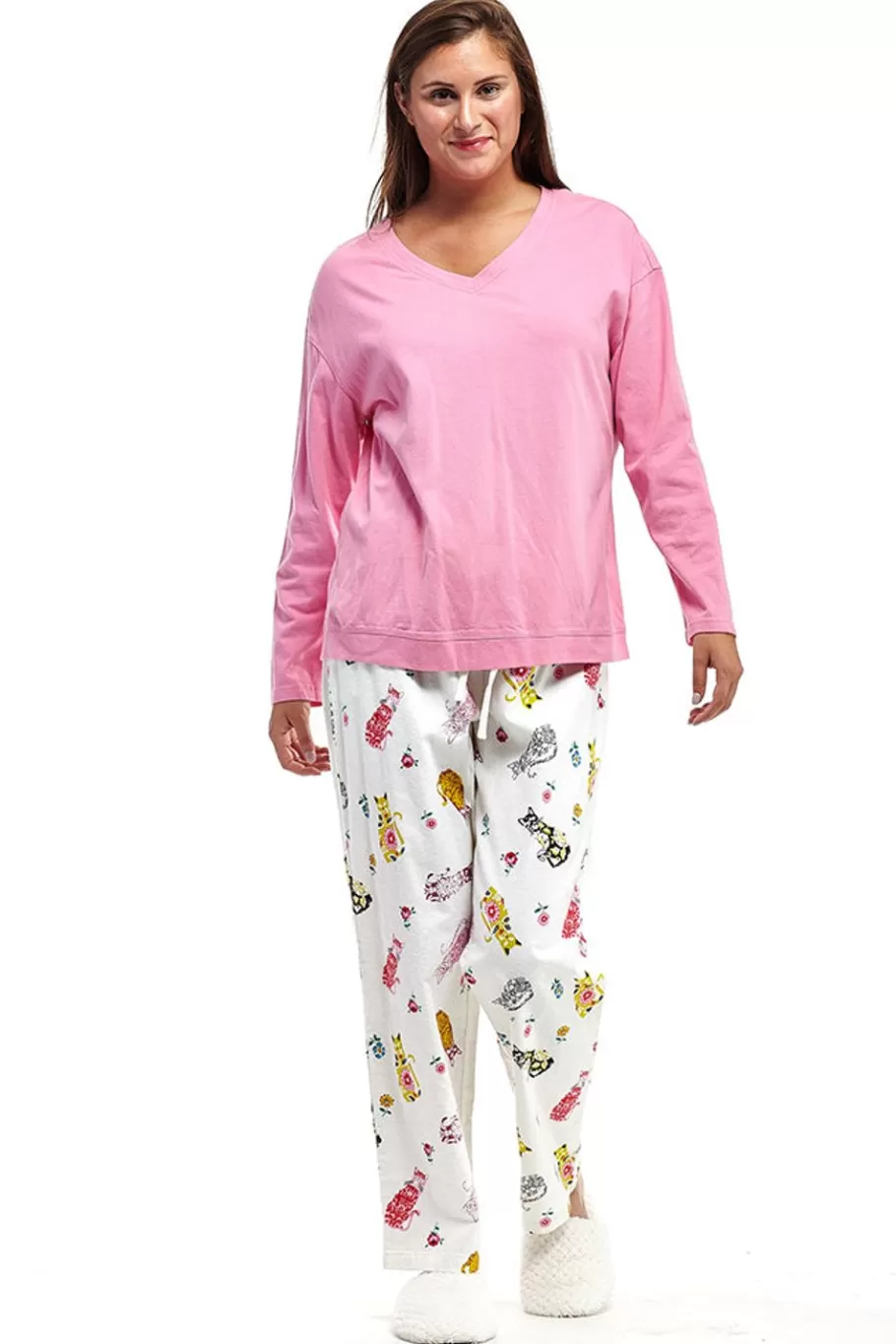 La Cera™ Conjunto De Pijama Con Estampado De Gato De Franela Rosa^ Pijama