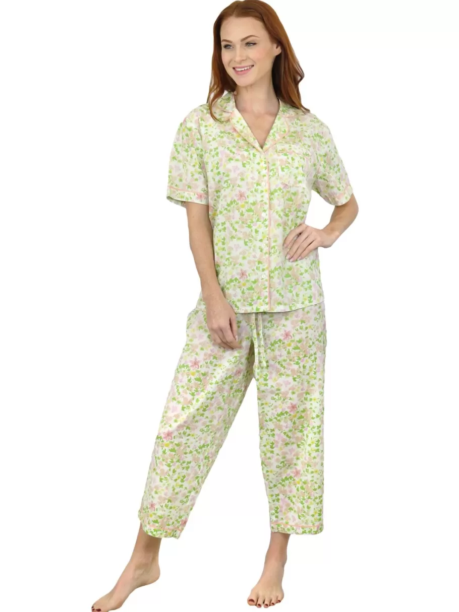 La Cera™ Conjunto De Pijama De Algodon Con Estampado Floral Color Lima Y Manga^ Pijama