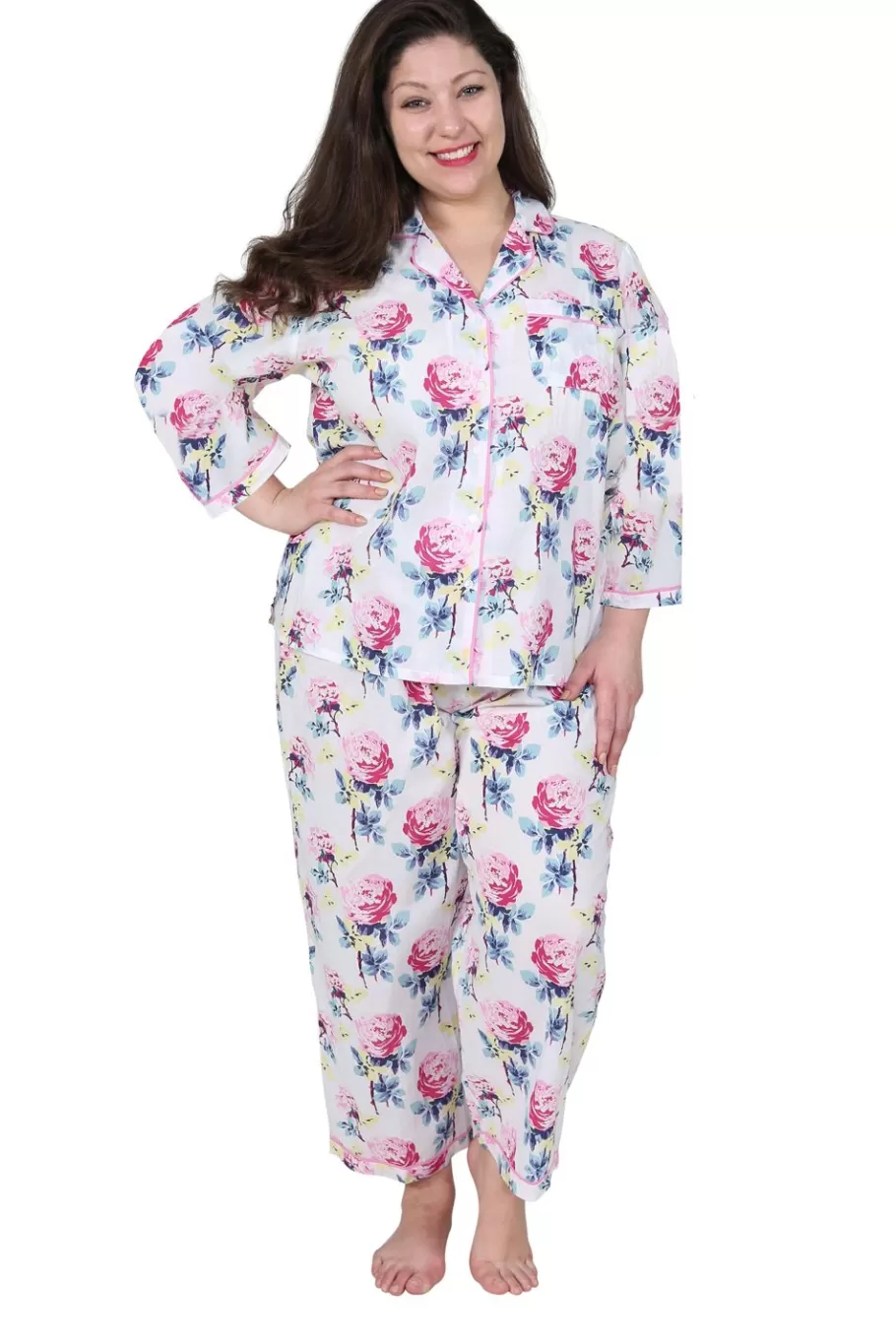 La Cera™ Conjunto De Pijama De Algodon Con Manga 3/4 Floral La Cera - Talla Gra^ Más Ropa De Dormir
