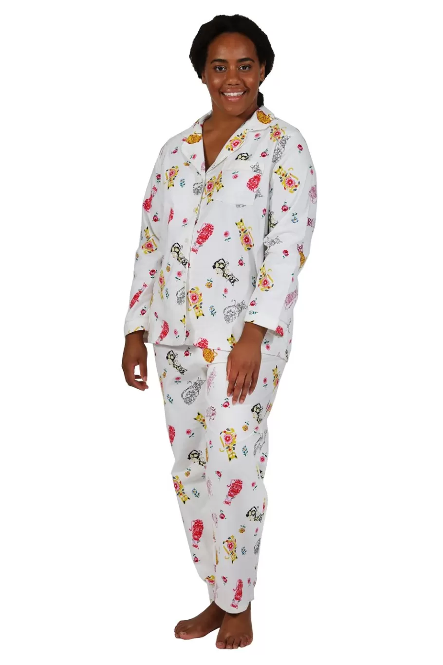 La Cera™ Conjunto De Pijama De Talla Grande Con Estampado De Gato De Franela^ Más Ropa De Dormir