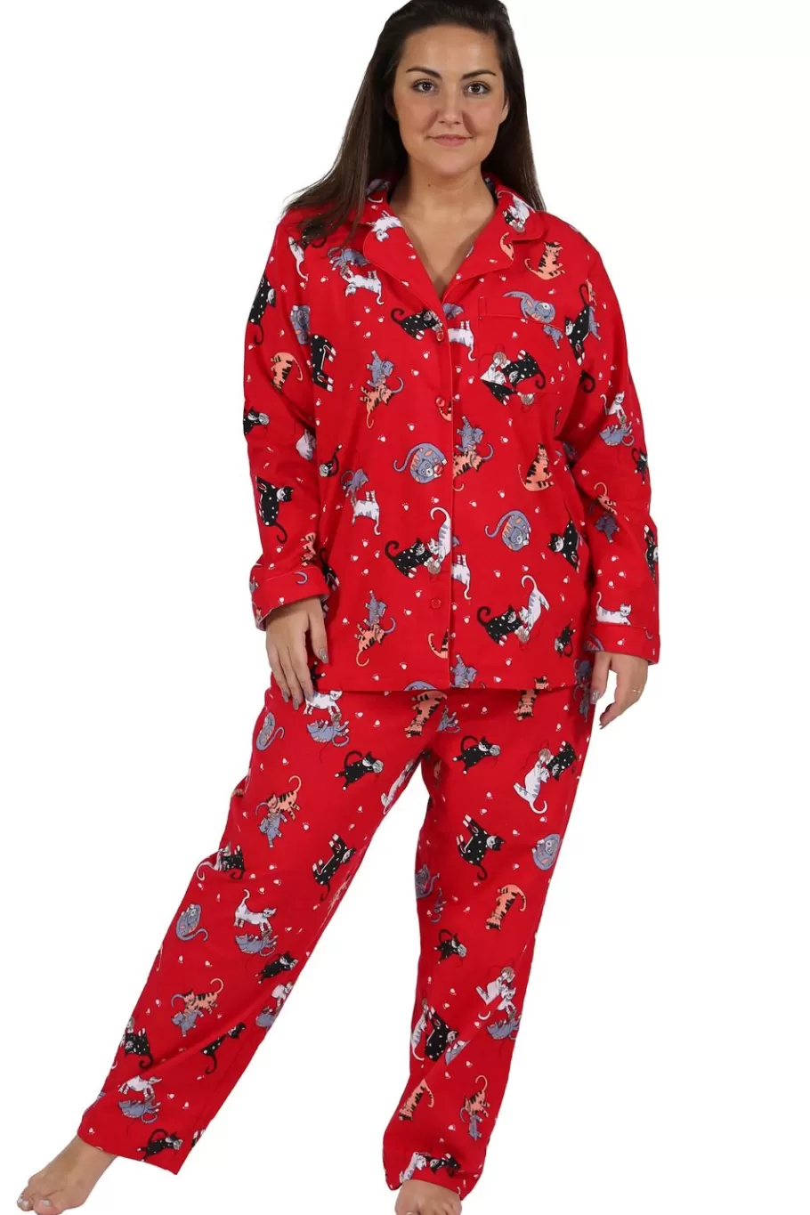 La Cera™ Conjunto De Pijama De Talla Grande Con Estampado De Gato De Franela Ro^ Más Ropa De Dormir