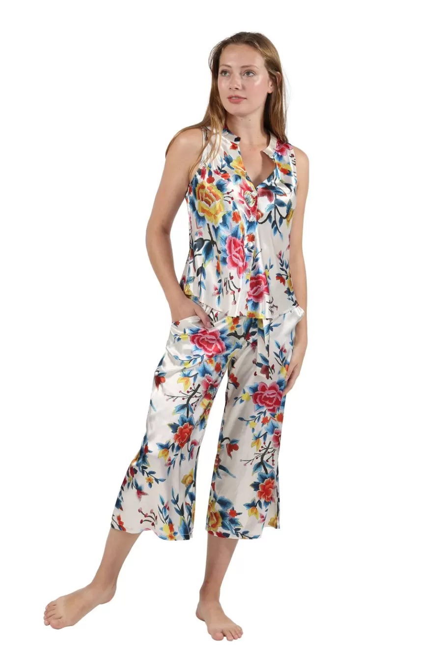 La Cera™ Conjunto De Salon Multicolor Floral De Saten^ Pijama