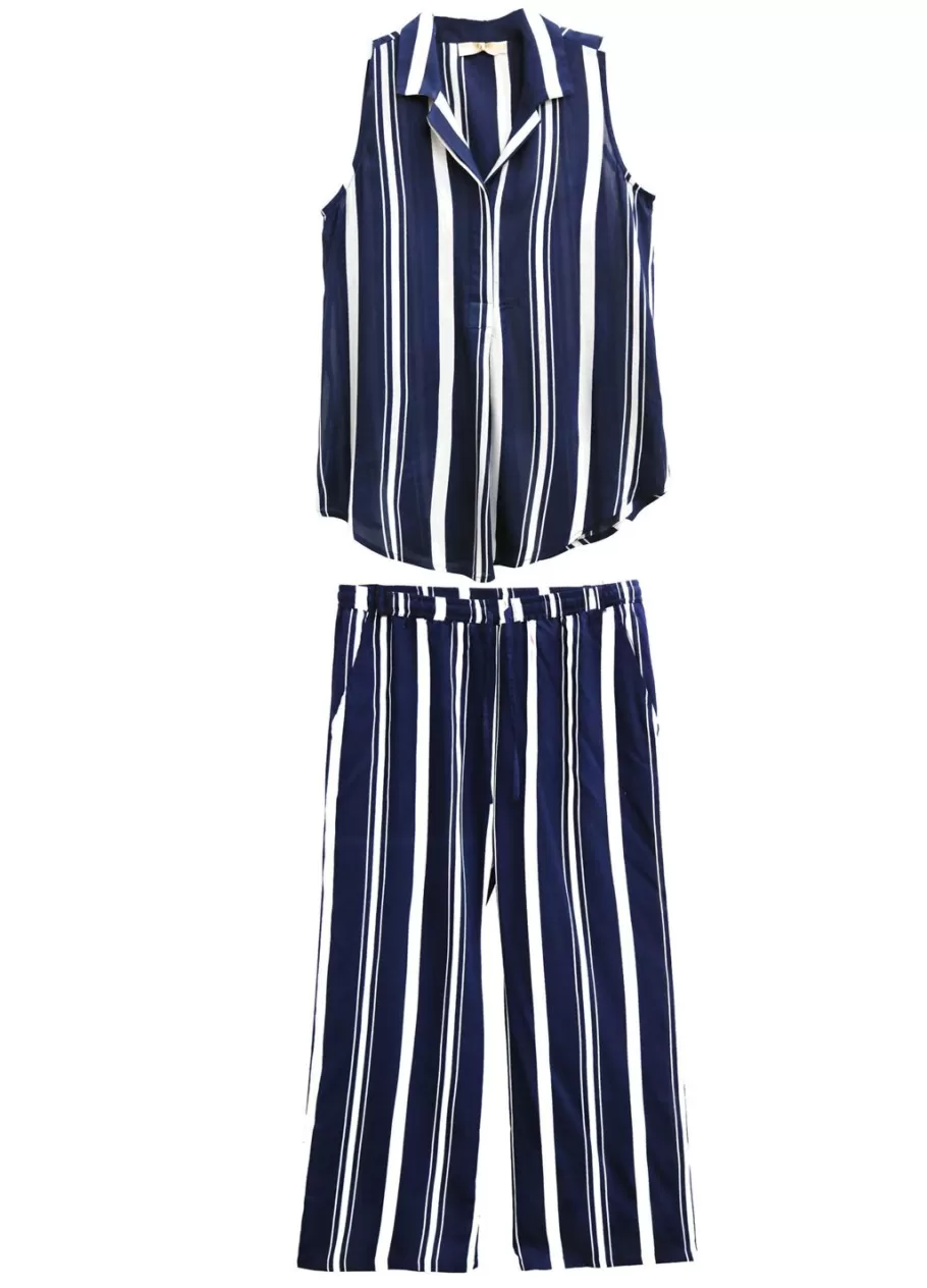 La Cera™ Conjunto Sin Mangas De Talla Grande En Azul Marino Y Blanco^ Plus Tops