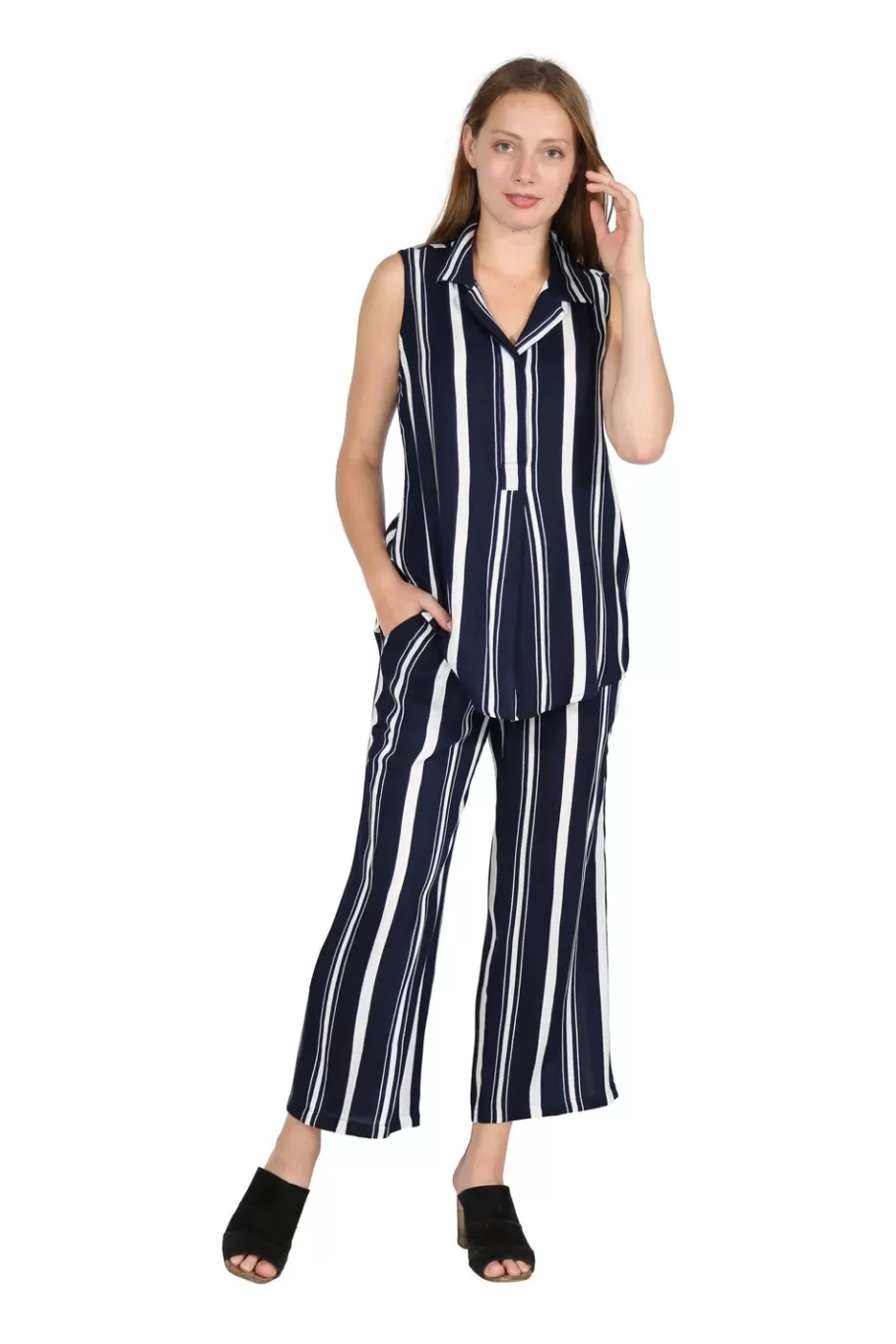 La Cera™ Conjunto Sin Mangas De Talla Grande En Azul Marino Y Blanco^ Plus Tops