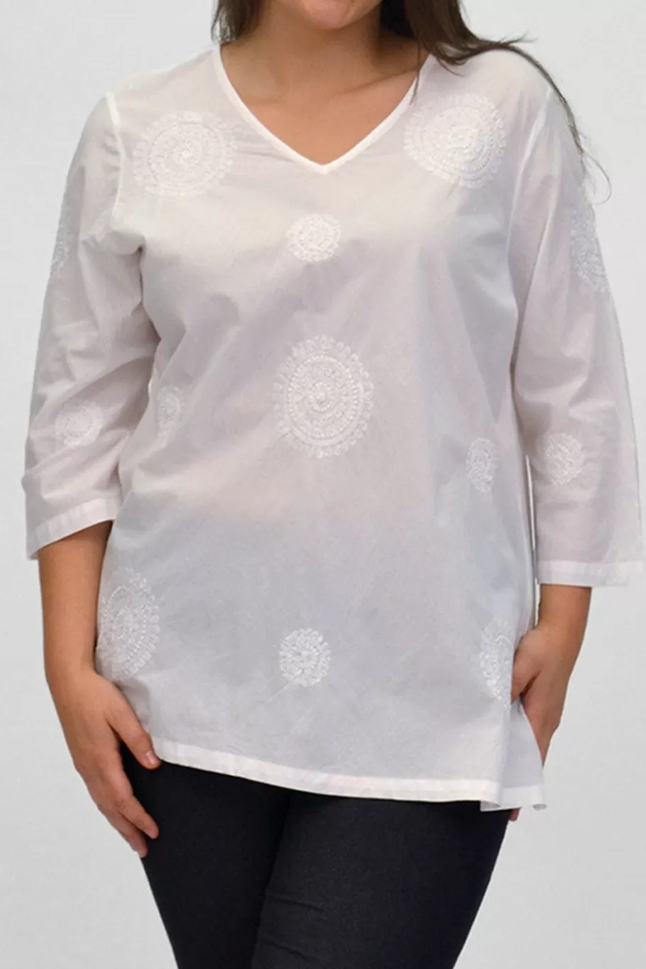 La Cera™ La Cera Camisa Casual Con Cuello En V Bordada Blanca Talla Grande^ Plus Tops
