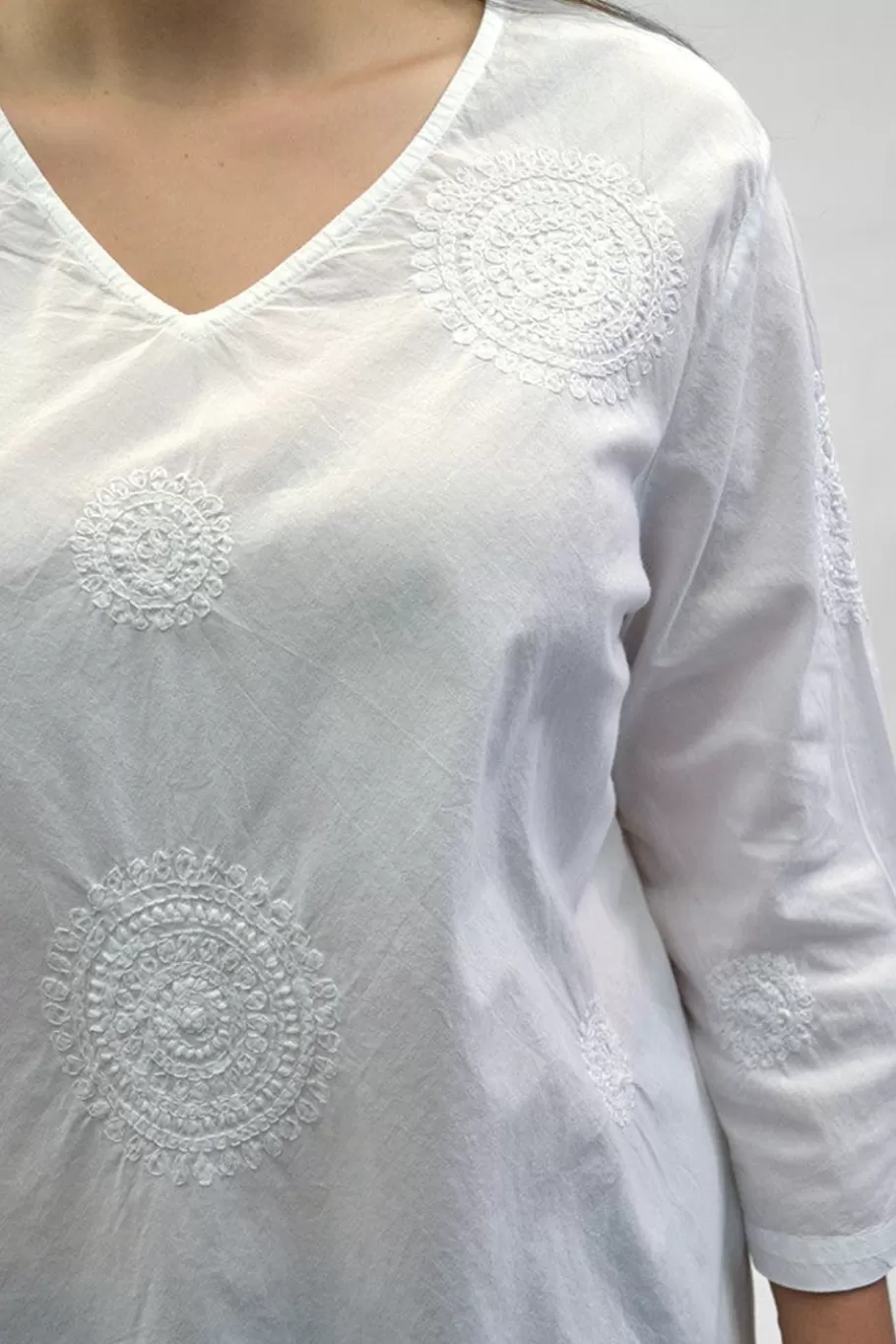 La Cera™ La Cera Camisa Casual Con Cuello En V Bordada Blanca Talla Grande^ Plus Tops