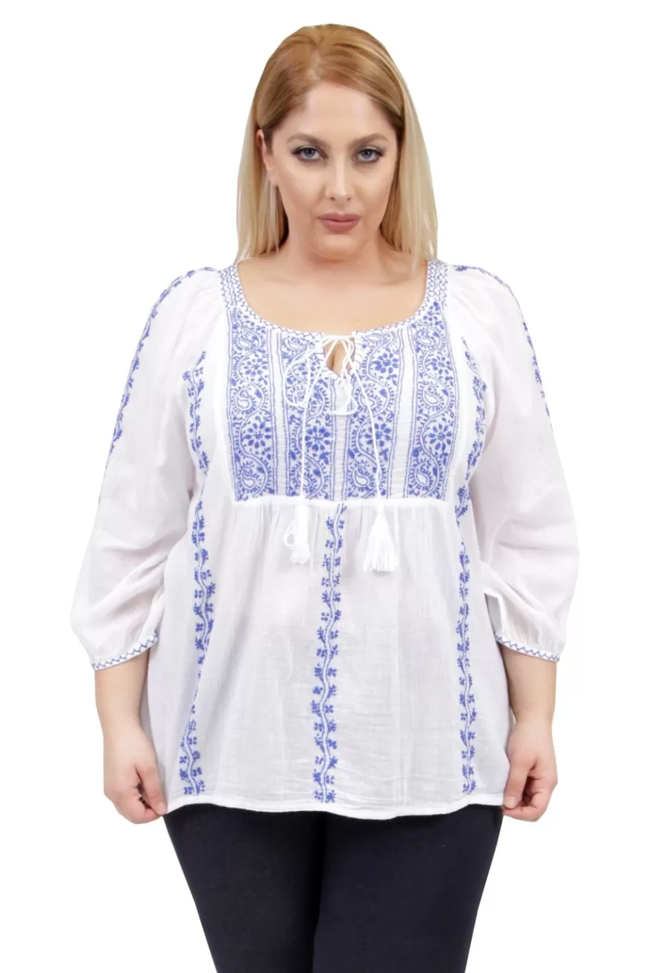 La Cera™ La Cera Top Campesino Bordado A Rayas Con Manga 3/4 Talla Grande^ Plus Tops