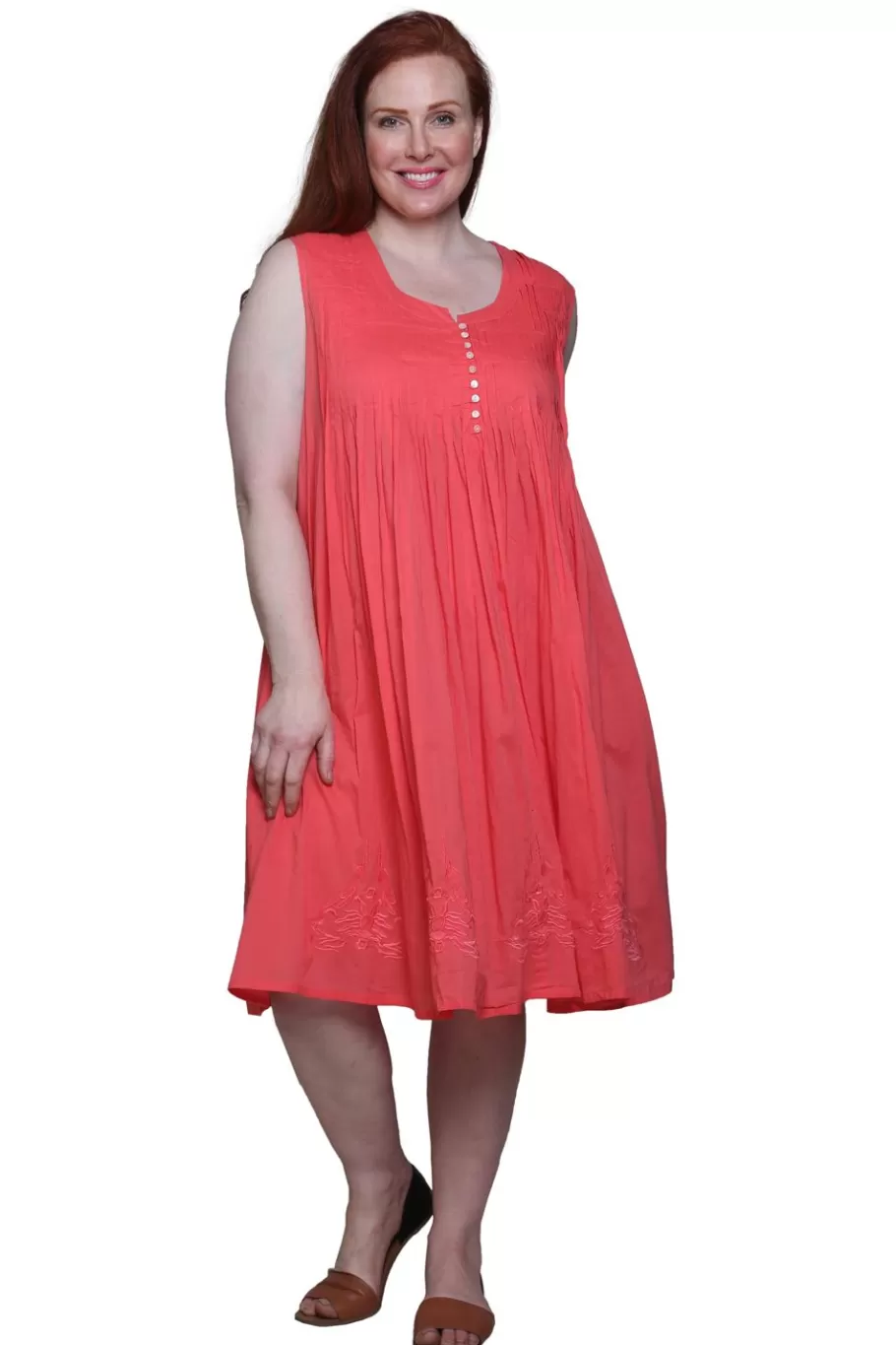 La Cera™ La Cera Vestido 100% Algodon Sin Mangas Con Bajo Bordado - Talla Grand^ Vestidos Plus