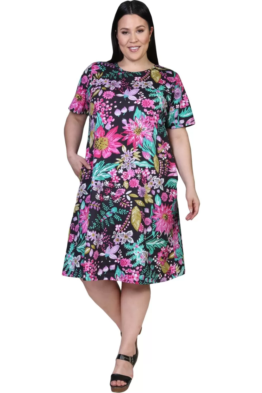 La Cera™ La Cera Vestido De Punto Evase Negro Y Fucsia Talla Grande^ Vestidos Plus