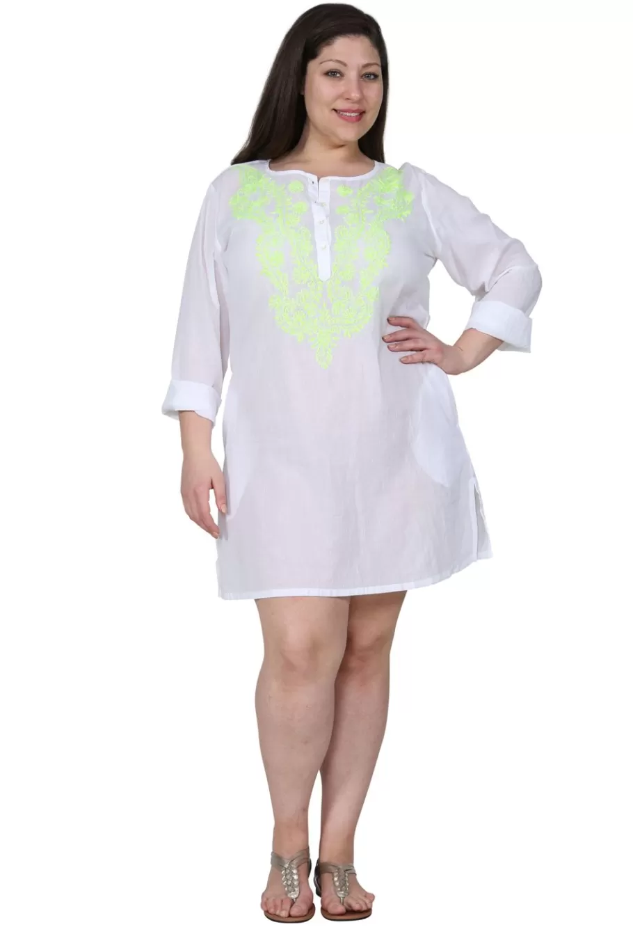 La Cera™ La Cera Vestido Playero De Manga Larga Con Botones Y Talla Grande^ Plus Tops