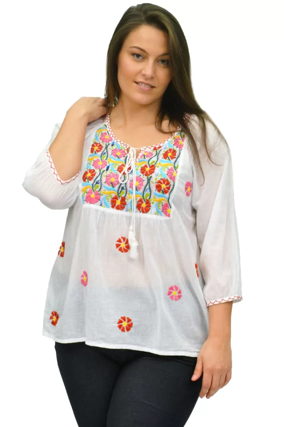 La Cera™ Top Campesino Bordado Talla Grande La Cera^ Plus Tops
