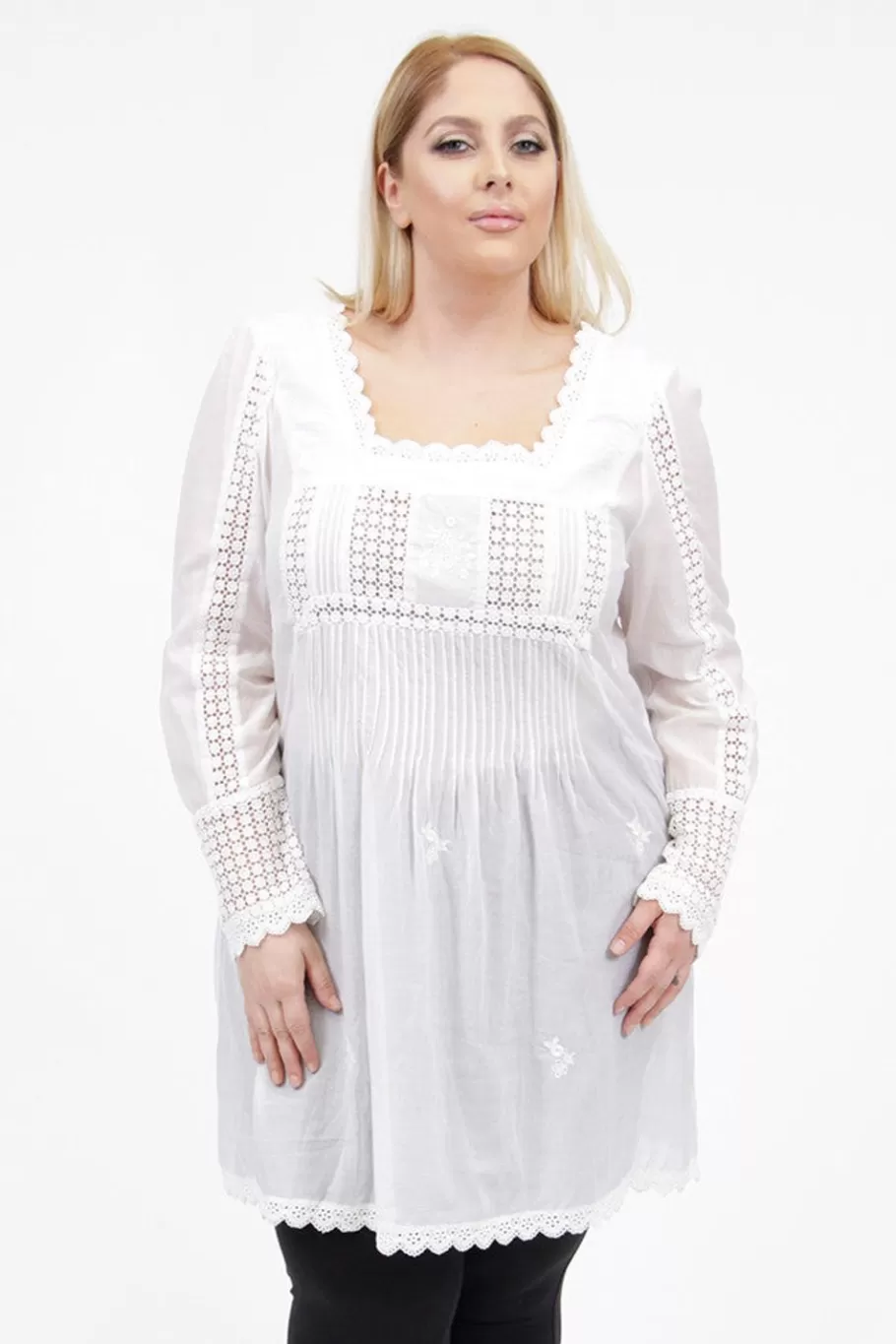 La Cera™ Top Con Detalle De Encaje Y Manga Larga De Talla Grande La Cera^ Plus Tops
