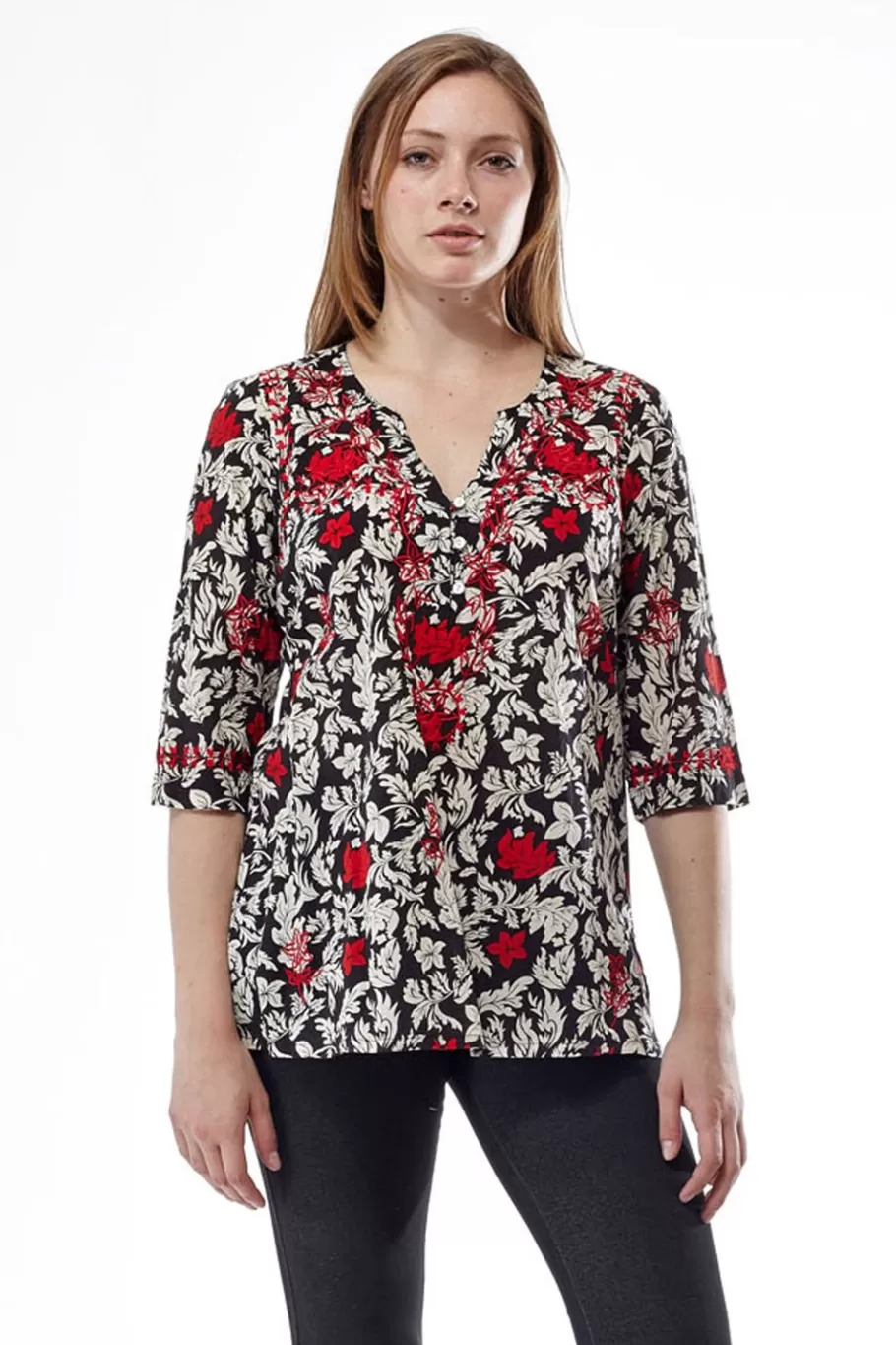 La Cera™ Top Con Print De Flores En Negro Y Rojo^ Tapas