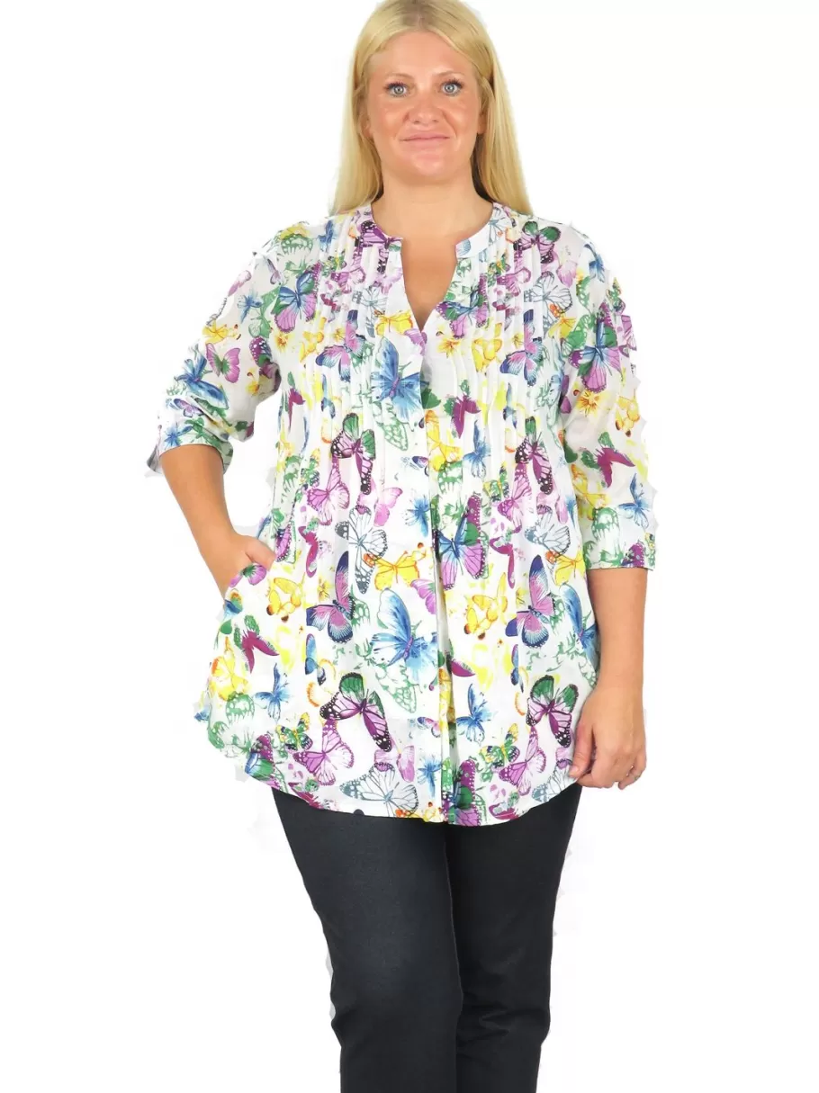 La Cera™ Top De Algodon Con Estampado De Mariposas En El Frente Plisado - Talla^ Plus Tops