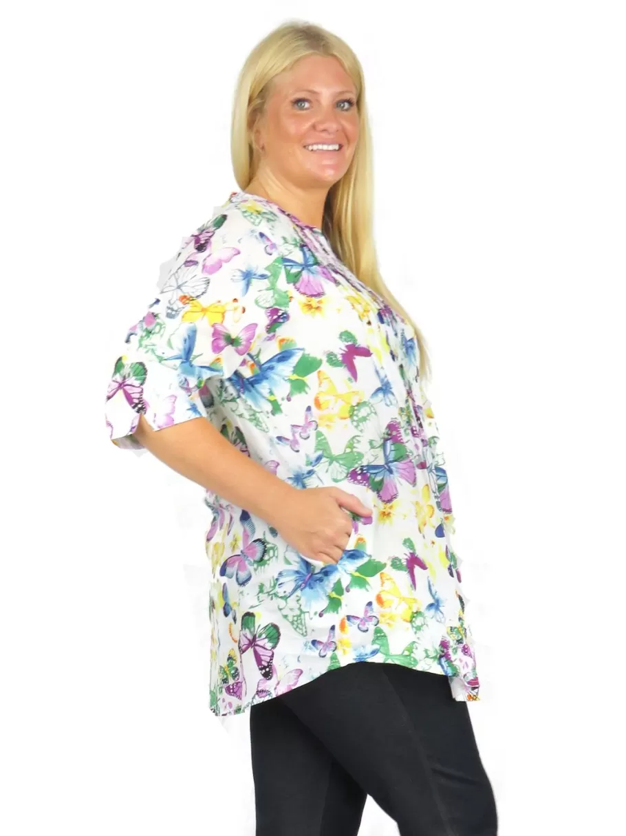 La Cera™ Top De Algodon Con Estampado De Mariposas En El Frente Plisado - Talla^ Plus Tops