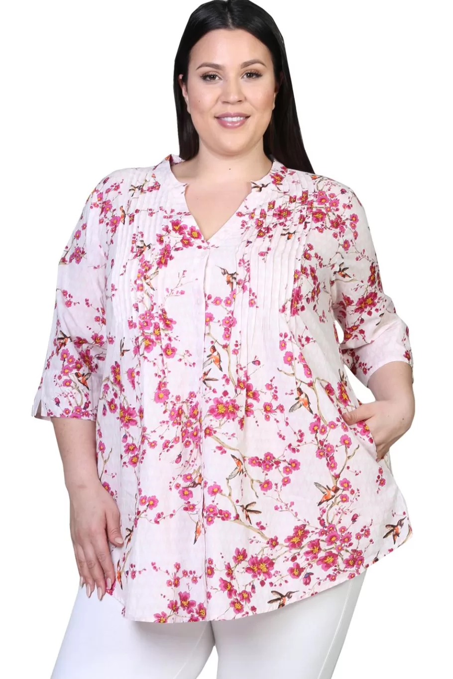 La Cera™ Top De Algodon Con Estampado Floral Y Frente Plisado - Tallas Grandes^ Plus Tops