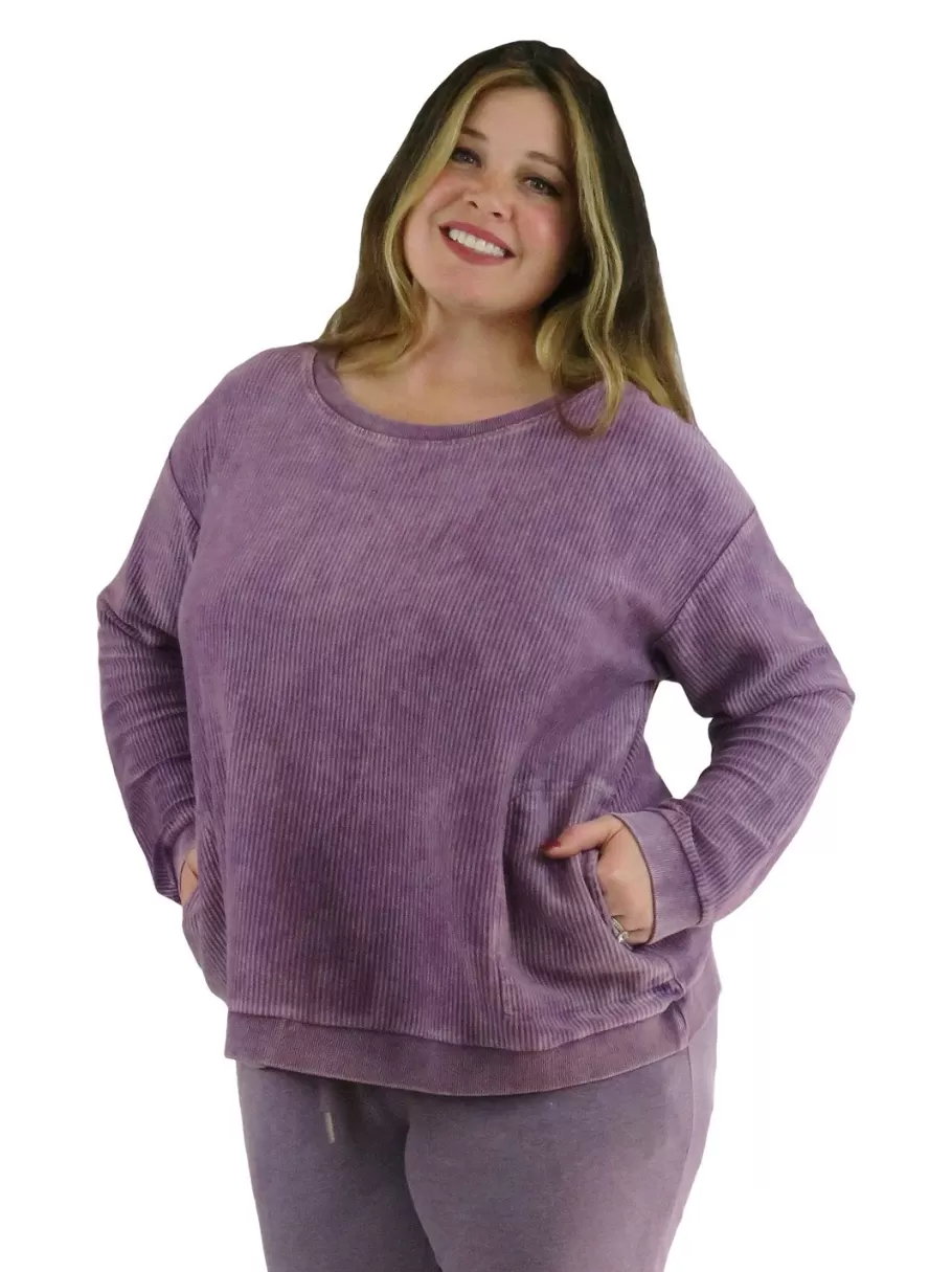 La Cera™ Top De Manga Larga De Punto Acanalado Otomano - Talla Grande^ Más Ropa Cómoda