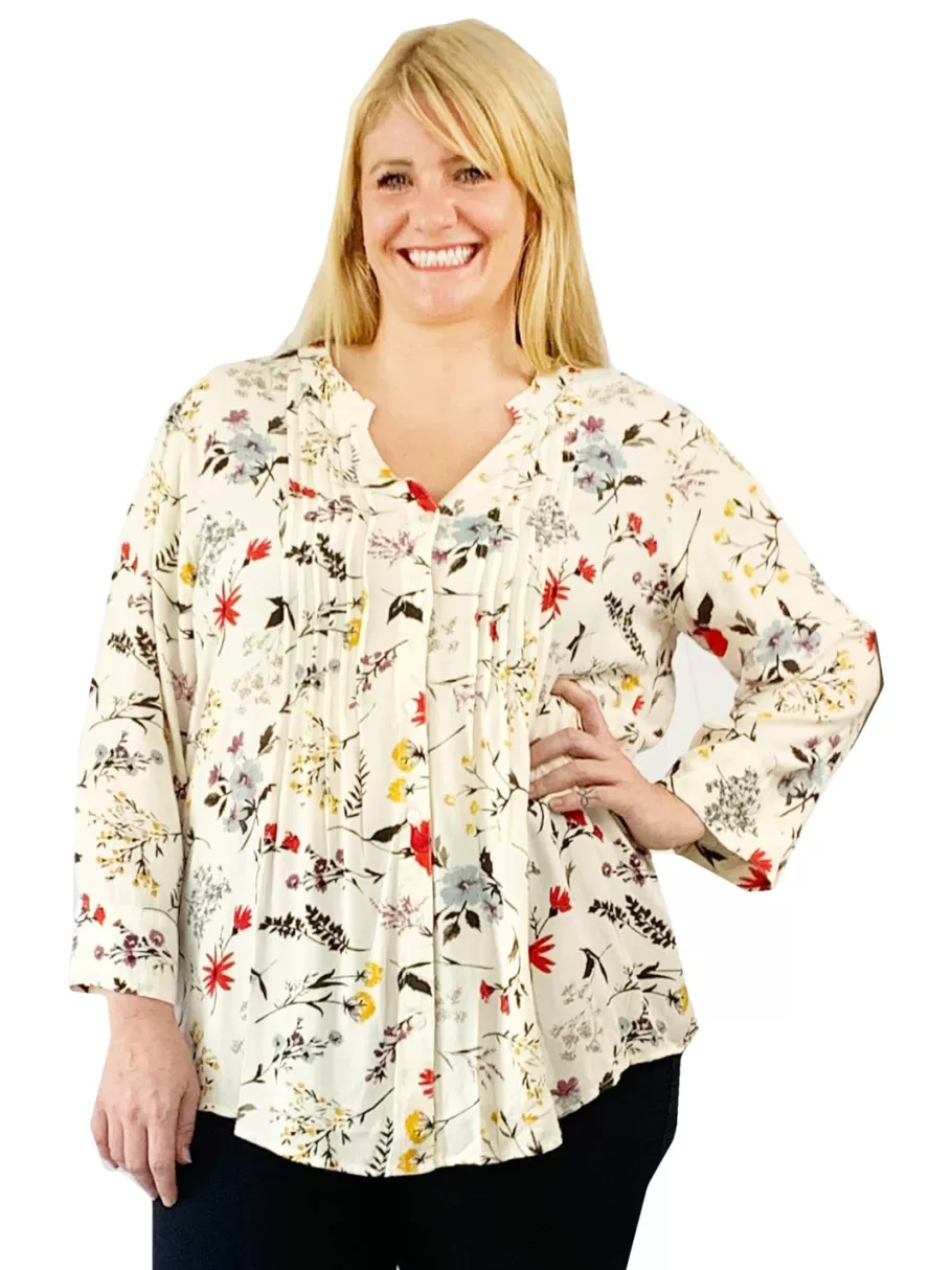 La Cera™ Top De Rayon Estampado Con Frente Plisado - Tallas Grandes^ Plus Tops