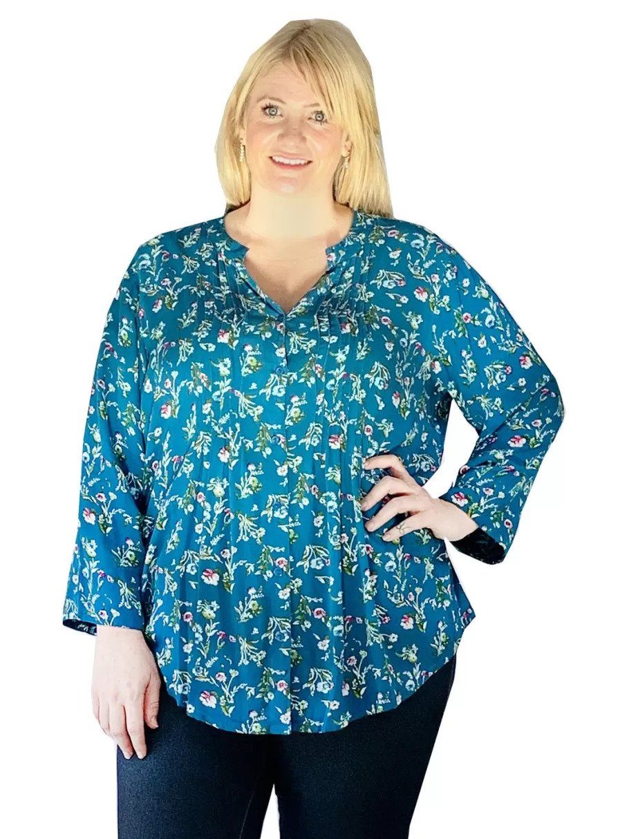 La Cera™ Top De Rayon Estampado Con Frente Plisado - Tallas Grandes^ Plus Tops