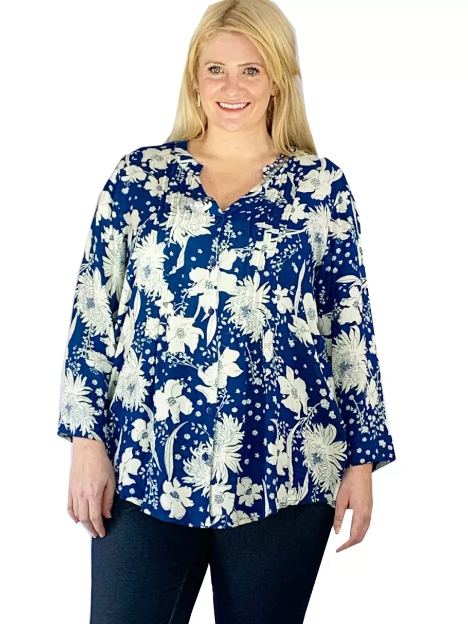 La Cera™ Top De Rayon Estampado Con Frente Plisado - Tallas Grandes^ Plus Tops