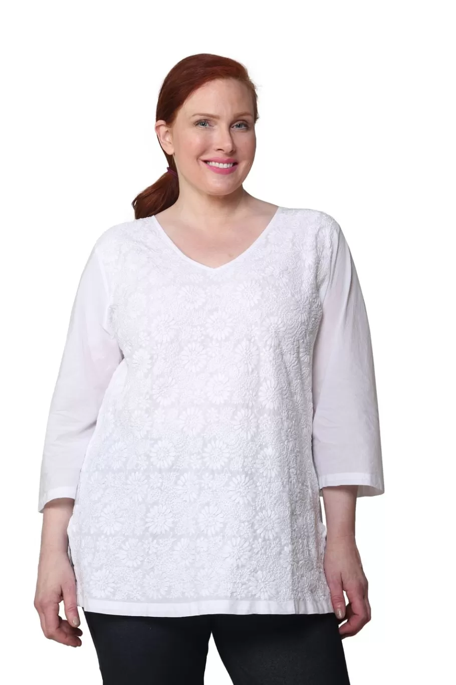 La Cera™ Tunica Con Cuello En V Y Bordado Completo De Talla Grande La Cera^ Plus Tops