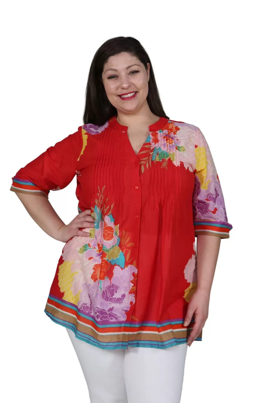 La Cera™ Tunica Con Estampado De Borde Floral De Talla Grande Y Pliegues De Lib^ Plus Tops