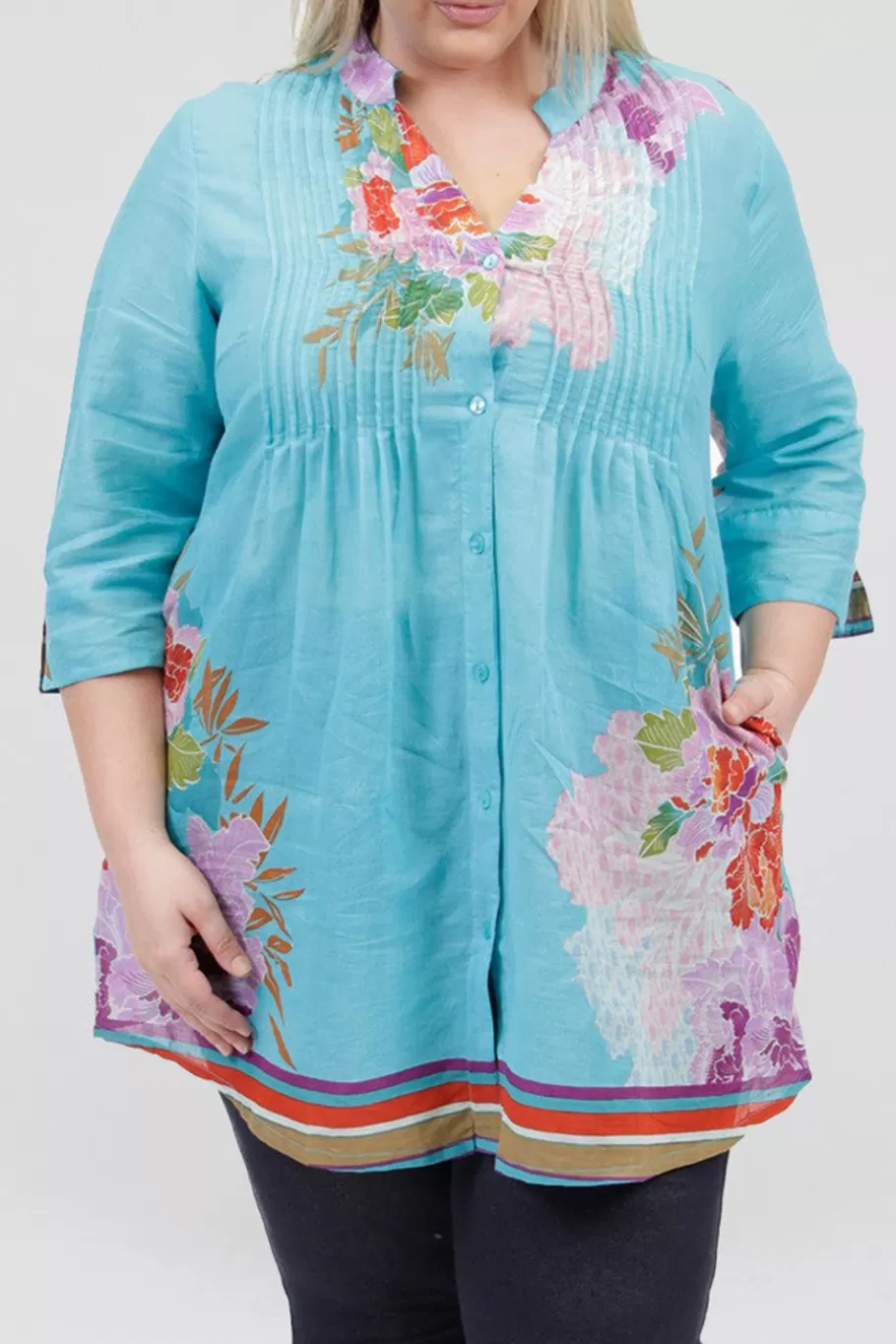 La Cera™ Tunica Con Estampado De Borde Floral De Talla Grande Y Pliegues De Lib^ Plus Tops