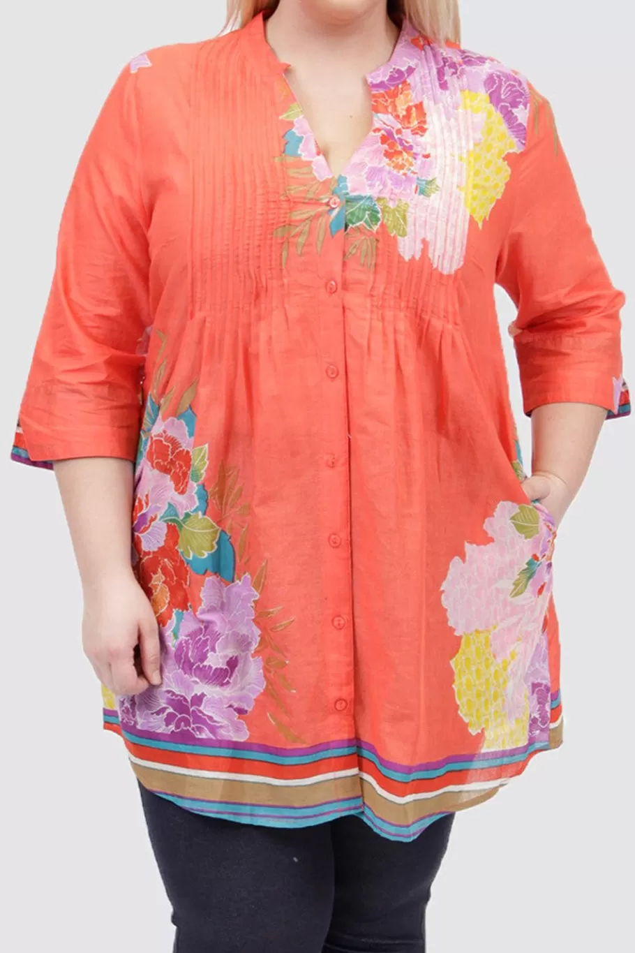 La Cera™ Tunica Con Estampado De Borde Floral De Talla Grande Y Pliegues De Lib^ Plus Tops