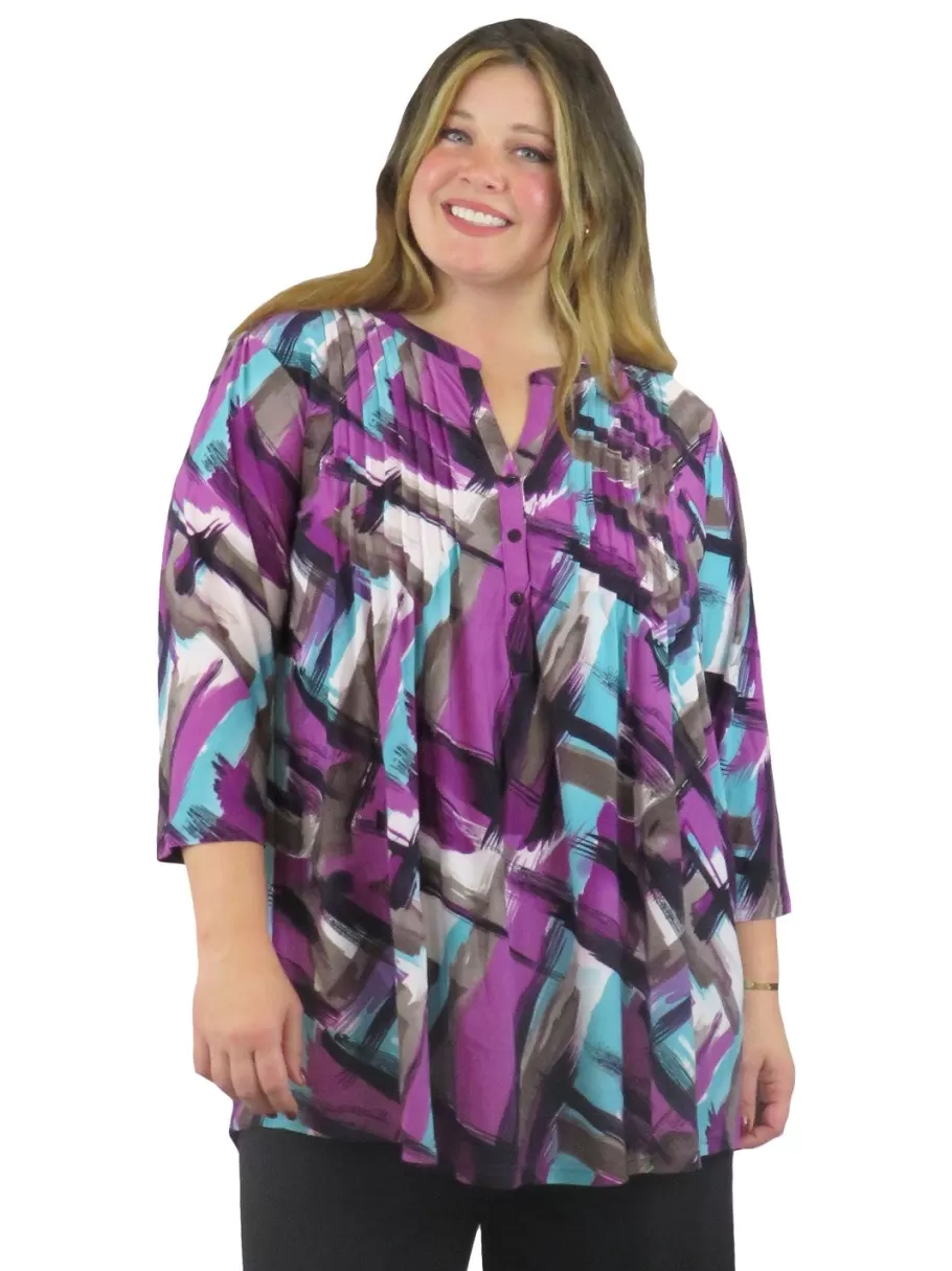 La Cera™ Tunica Con Estampado Geometrico Y Frente Plisado La Cera - Tallas Gran^ Plus Tops