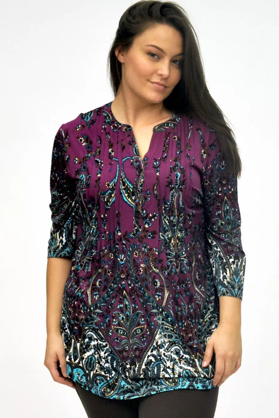La Cera™ Tunica Estampada Con Frente Plisado La Cera De Talla Grande^ Plus Tops
