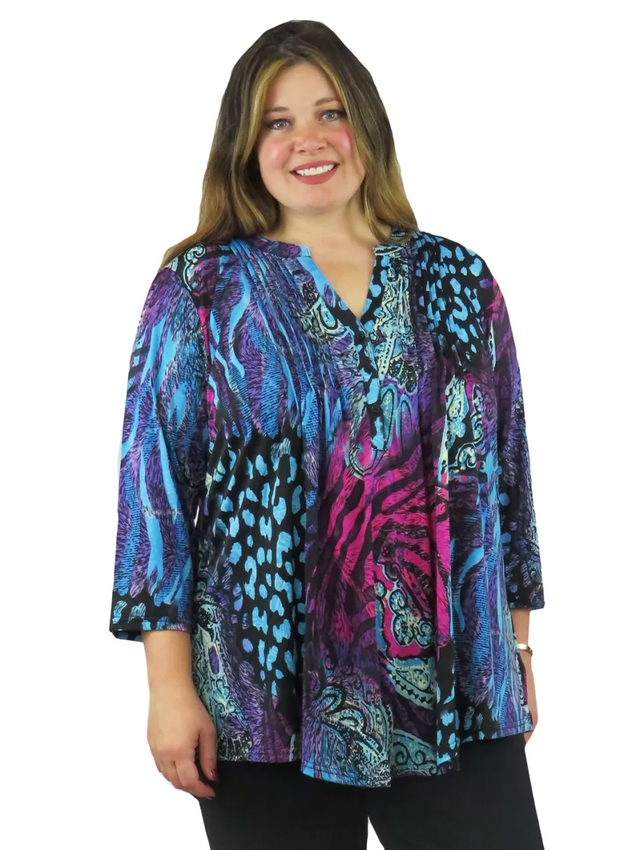 La Cera™ Tunica Estampada Con Frente Plisado La Cera De Talla Grande, Color Mor^ Plus Tops