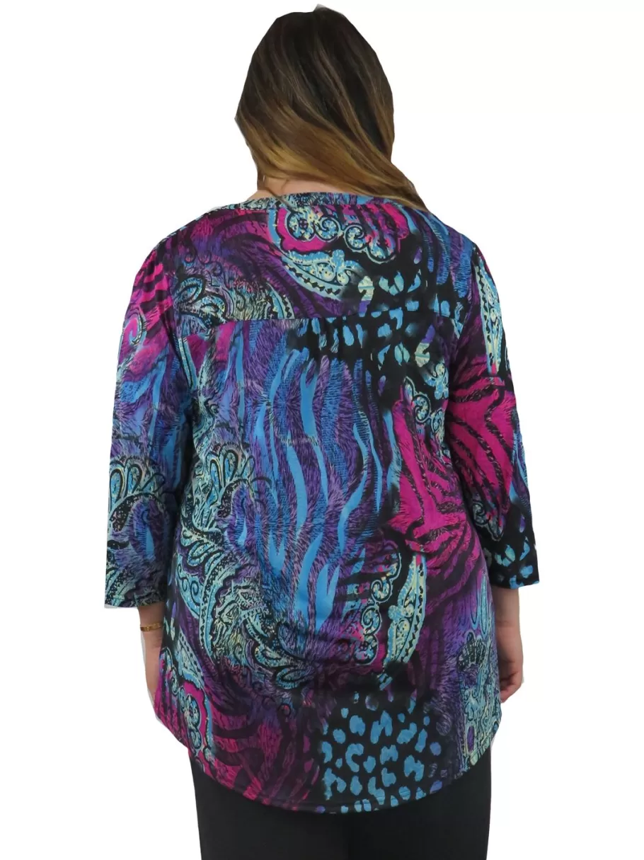 La Cera™ Tunica Estampada Con Frente Plisado La Cera De Talla Grande, Color Mor^ Plus Tops