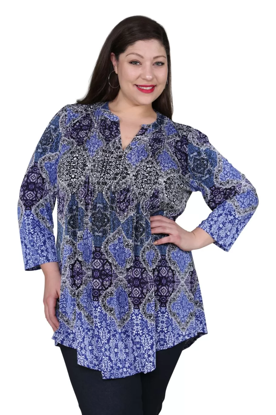 La Cera™ Tunica Estampada Con Frente Plisado La Cera Talla Grande Multicol^ Plus Tops
