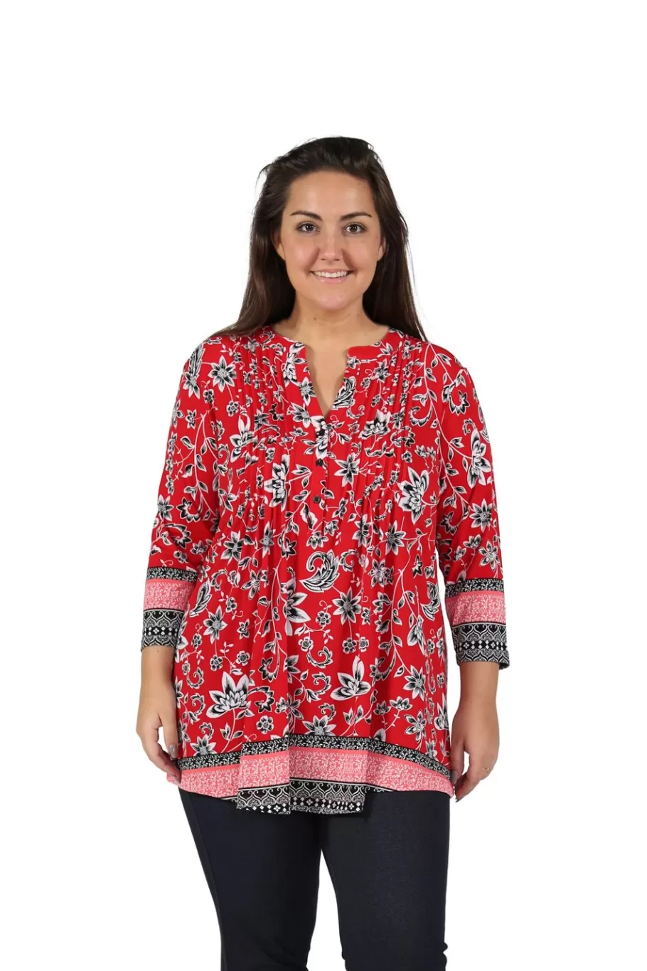 La Cera™ Tunica Estampada Con Frente Plisado Y Estampado De Borde La Cera De Ta^ Plus Tops