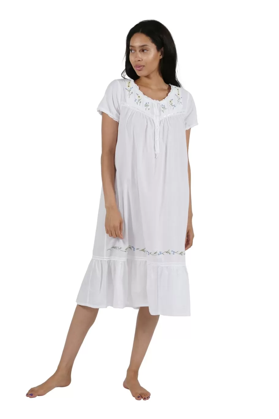 La Cera™ Vestido Bordado De Manga Corta 100% Algodon^ Vestidos