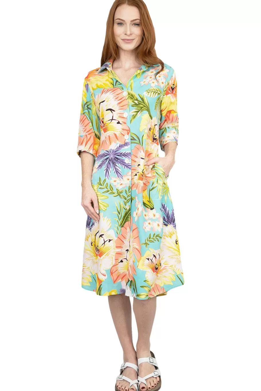La Cera™ Vestido Camisero Con Botones Y Estampado Floral Tropical De La Cera^ Vestidos Tejidos