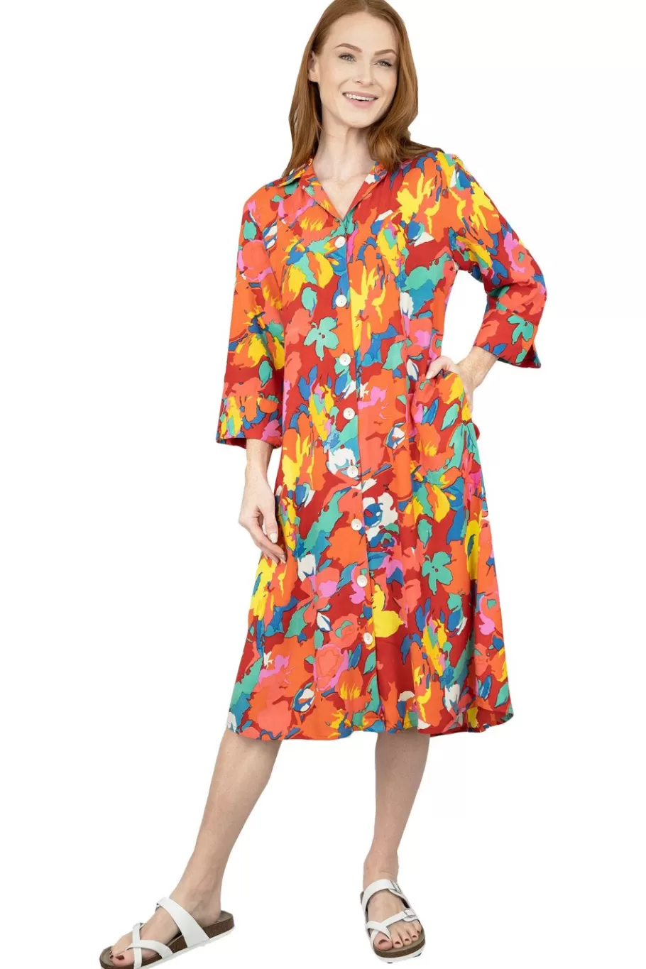 La Cera™ Vestido Camisero Veraniego Con Botones Y Estampado Floral En La Parte^ Vestidos Tejidos
