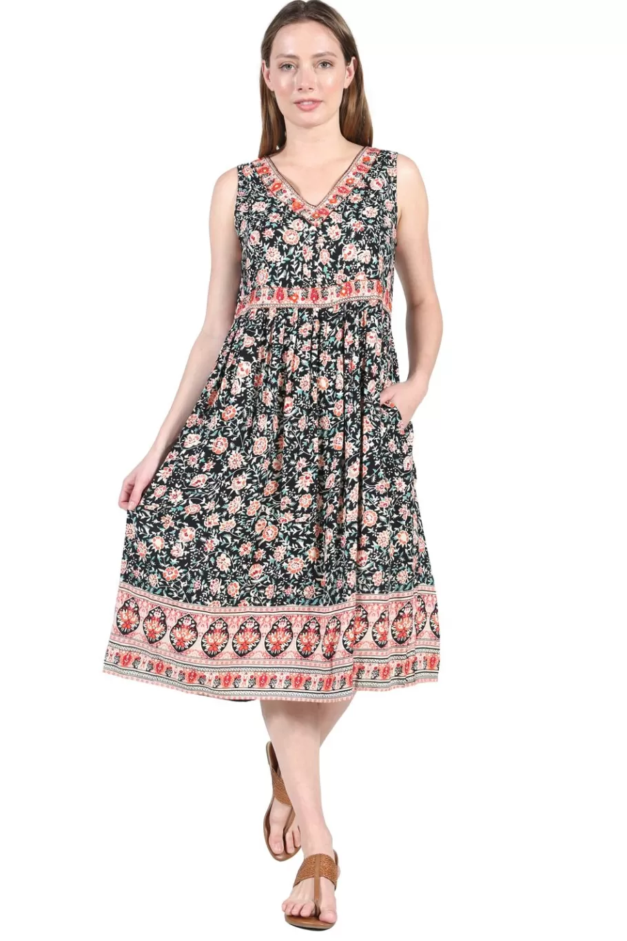 La Cera™ Vestido Con Estampado De Borde De Cintura Imperio Y Escote En V^ Vestidos Tejidos