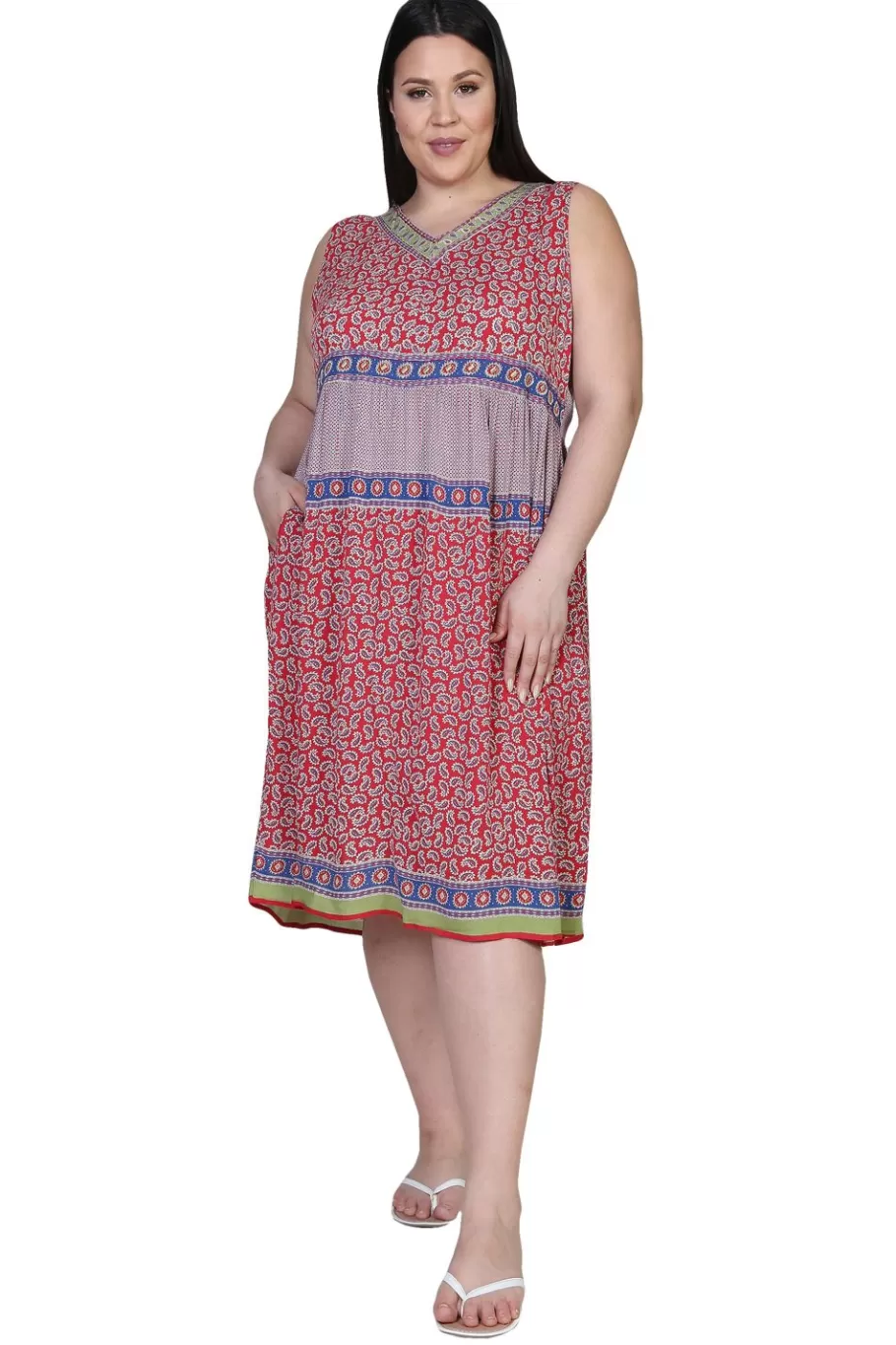 La Cera™ Vestido Con Estampado De Borde De Cintura Imperio Y Escote En V De Tal^ Vestidos Plus