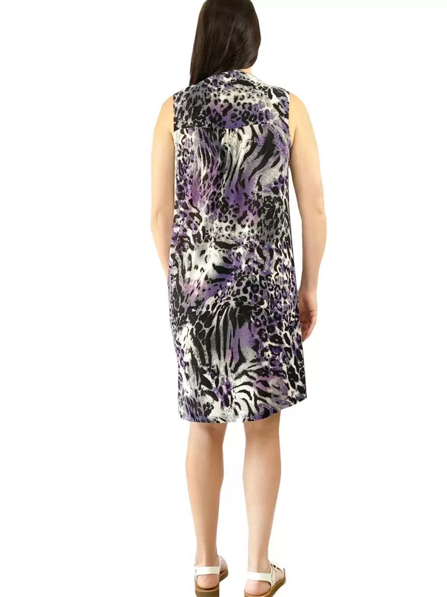 La Cera™ Vestido Con Estampado De Guepardo Morado Sin Mangas Con Frente Plisado^ Vestidos De Punto